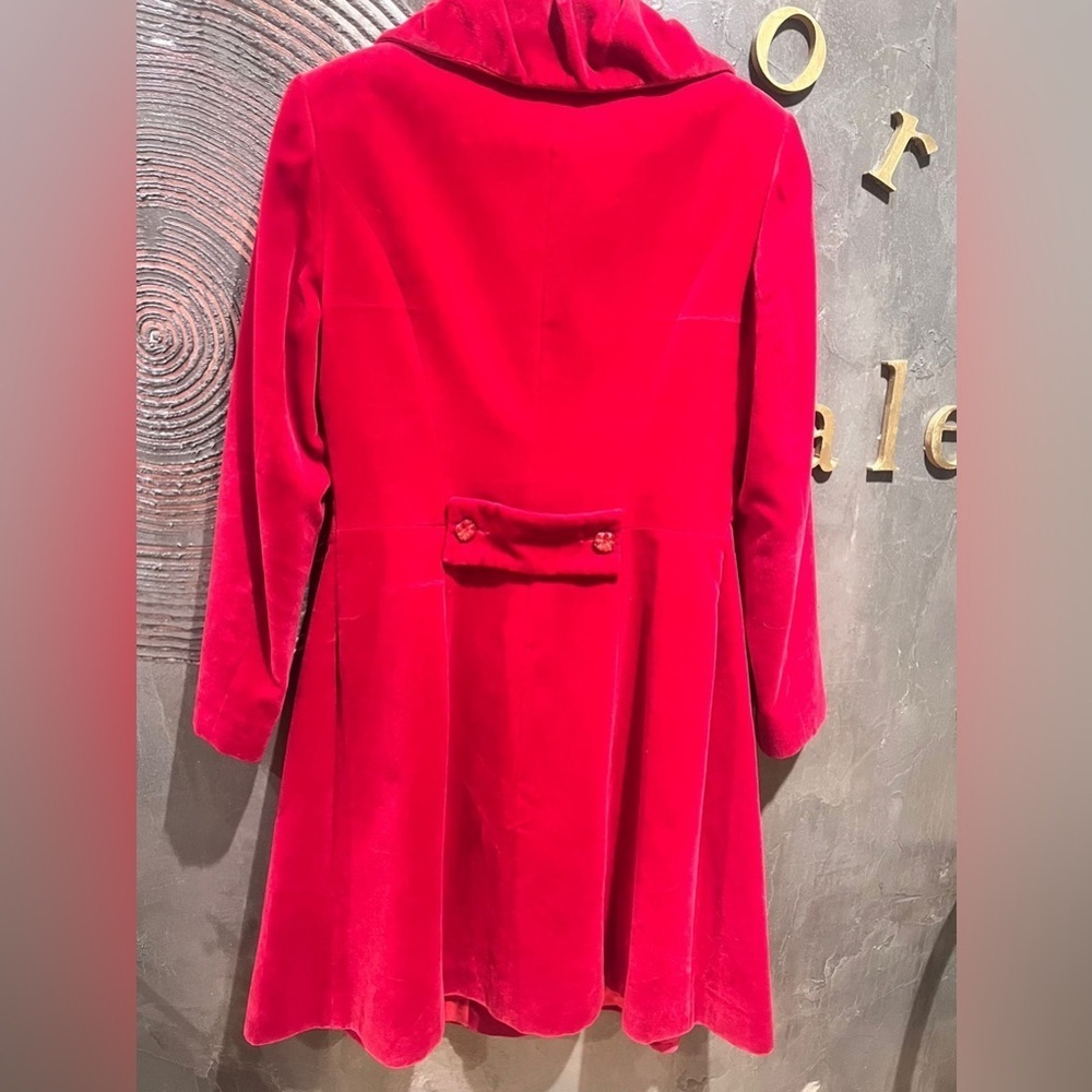 Red Velvet Cotton Coat | Size 10 | Cinched Waist | Winter Statement Jacket - Picture 6 of 8